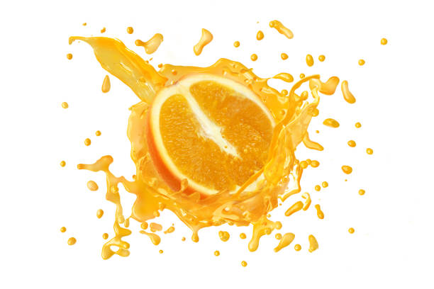 istock Juice or liquid splashing with fresh orange isolated on white background. Creative minimalistic food concept for design package, advertising, ads, branding. 1082287014