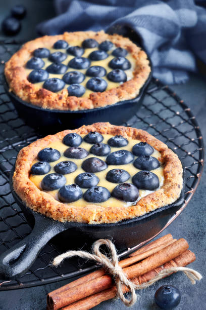 istock Delicious Blueberry tartlets with vanilla custard cream on grey rustic wood 1082287364