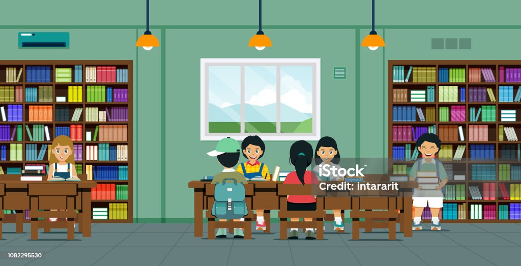 Children in the library Children are reading books and researching in the library. Library stock vector