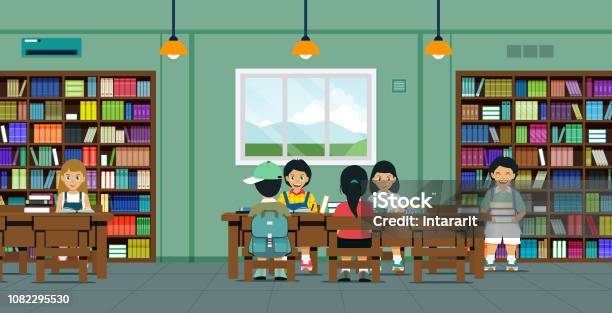 Children In The Library Stock Illustration - Download Image Now - Library, Education, Child
