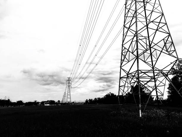 high voltage electric power pole with various wiring through rice field. dark image and adjust like painting