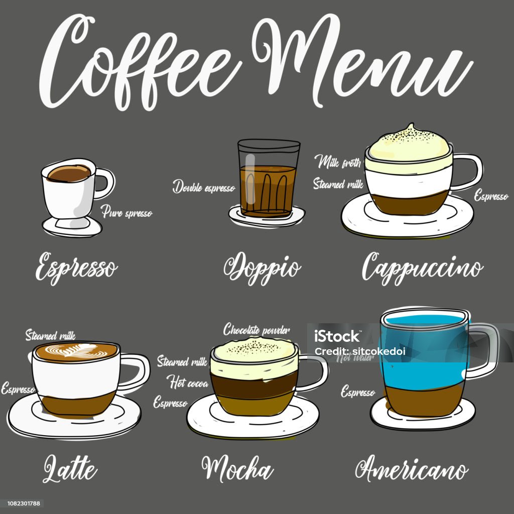 Types of hot coffee I Types of hot coffee In cute cartoon style drawings. vector illustration design. Coffee - Drink stock vector