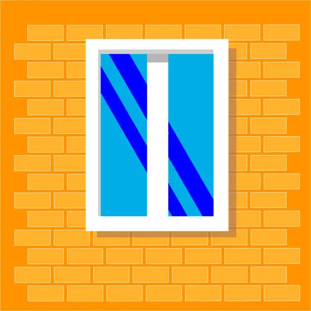 Vector illustration of window frame view isolated on brick house wall. Detailed plastic window. Architecture design outdoor or exterior view, building and home theme.