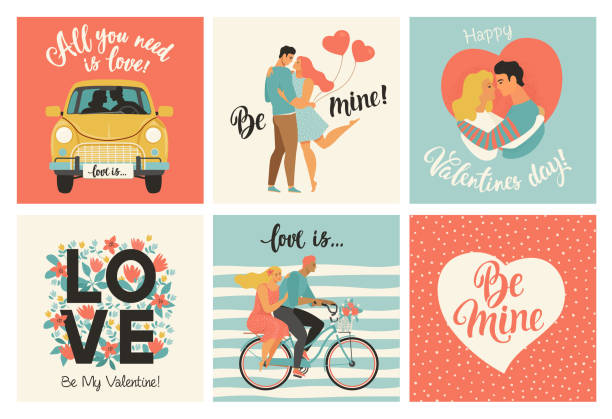 Collection of designs with cute loving couples. Valentines day card and other flyer templates with lettering. Typography poster, card, label, banner design set. Vector illustration. Collection of designs with cute loving couples. Valentines day card and other flyer templates with lettering. Typography poster, card, label, banner design set cute couple stock illustrations