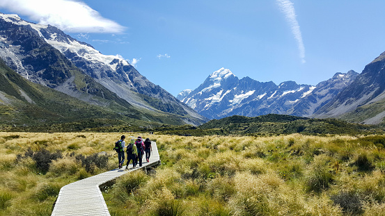 New Zealand, Mount Cook - February 2016: Some hikers visiting the beautiful Hooker Valley. This breathtaking place is located in Aoraki, New Zealand. It is a famous tourist attraction. Visitors can enjoy alpine streams, glacier and lake.