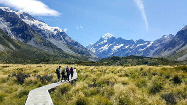 Travel image of tourists visiting Mount Cook, New Zealand New Zealand, Mount Cook - February 2016: Some hikers visiting the beautiful Hooker Valley. This breathtaking place is located in Aoraki, New Zealand. It is a famous tourist attraction. Visitors can enjoy alpine streams, glacier and lake. mt cook photos stock pictures, royalty-free photos & images