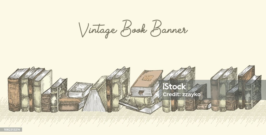 Banner with hand drawing sketch books. Concept vintage design for fair or festival flyer, paper, banner, school library retro poster, bookshop advertising in engraving style Banner with hand drawing sketch books. Concept vintage design for fair or festival flyer, paper, school library retro poster, bookshop advertising in engraving style Vector illustration Book stock vector