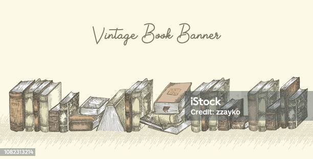 Banner With Hand Drawing Sketch Books Concept Vintage Design For Fair Or Festival Flyer Paper Banner School Library Retro Poster Bookshop Advertising In Engraving Style Stock Illustration - Download Image Now