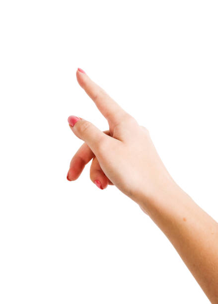 isolated female hand touching or pointing to something - hand sign index finger human finger human thumb imagens e fotografias de stock