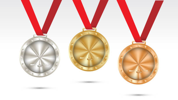 hokejowy champion gold, silver i bronze medals zestaw z czerwoną wstążką wektor ilustracja - medal ice hockey success gold stock illustrations