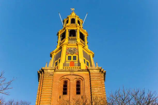 Tower of the A church at sunset in Groningen, Netherlands