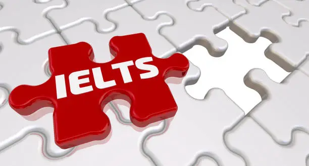 Folded white puzzles elements and one red with word IELTS. 3D Illustration