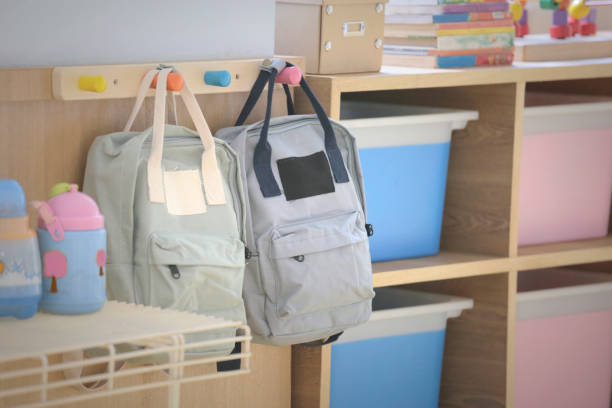 istock two kid backpacks near by a shelf 1082321894