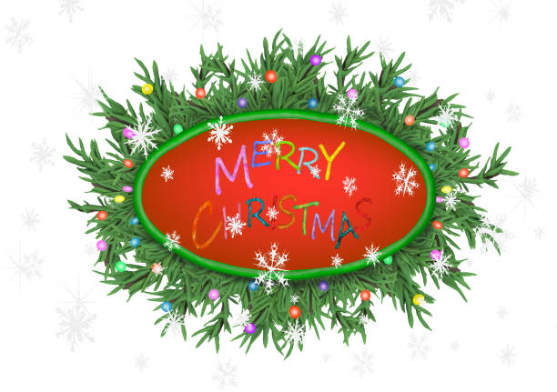 Christmas 3D pine tree branches wreath banner Merry Christmas  text  isolated on white background
