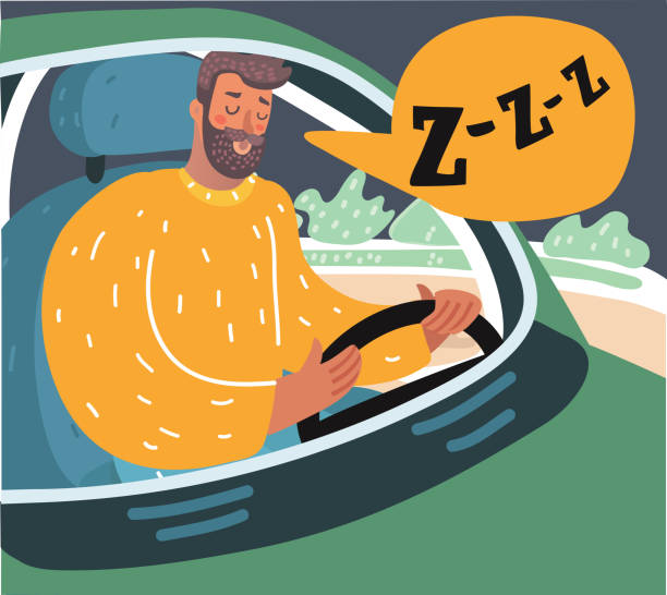 Tired man sitting in traffic. Vector cartoon illusstration of a tired man sitting in traffic. Sliping driver. droopy eyes cartoons stock illustrations