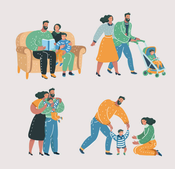 Set Family with kid. Vector cartoon illustration of Set scenes of family life. Mother, father and son. Reading book, walking with stroll, help make first step, give a hug. parent illustrations stock illustrations