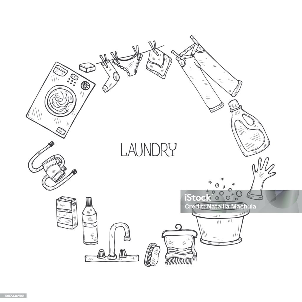 Laundry Card template with hand drawn laundry icons. Collection of sketched objects.  Home laundry service. Accessories for washing and drying clothes Bleach stock vector