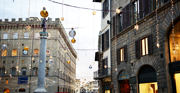 Christmas Decorations in a Street, Florence, Italy.