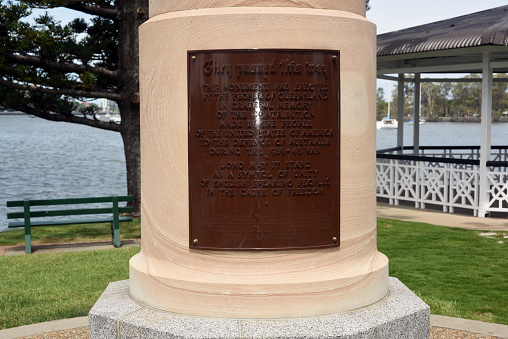 USA-Australia 'They Passed This Way' plaque on war memorial dedicated to American forces who served in Australia in World War 2
