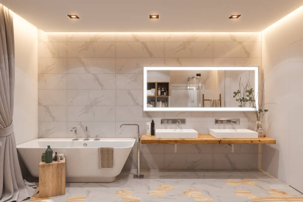 innenarchitektur eines badezimmers, 3d-illustration im skandinavischen stil - badezimmer stock-fotos und bilder