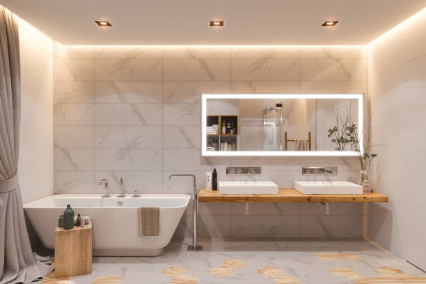 istock Interior design of a bathroom, 3d illustration in a Scandinavian style 1082345206