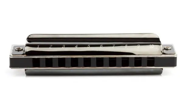 Diatonic harmonica isolated closeup on white background.