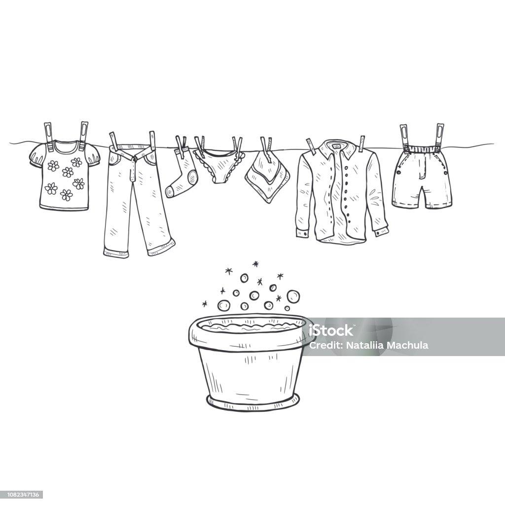 Laundry Illustration with hand drawn clothes. Collection of sketched objects.  Home laundry service.  dried clothes Button Down Shirt stock vector