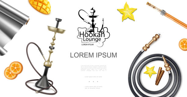 Realistic Hookah Lounge Elements Template Realistic hookah lounge elements template with shisha or hookah pipes coals foil orange slices star anise cinnamon sticks vector illustration cinnamon stick spice food stock illustrations