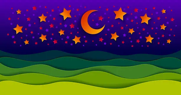 Vector illustration of Scenic nature landscape of green grass meadow in the night under shiny moon and stars in midnight sky cartoon paper cut modern style vector illustration.