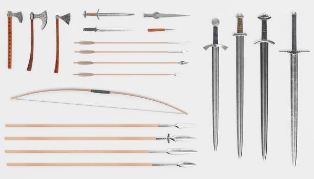 Realistic 3d Render of Viking Weapons Realistic 3d Render of Viking Weapons spear stock pictures, royalty-free photos & images