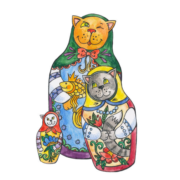 isolierte darstellung der katzen-puppen, familie katzen, mutter und tochter. matreshka in form einer katze. holzpuppen aus russland - russian nesting doll doll russia decoration stock-grafiken, -clipart, -cartoons und -symbole