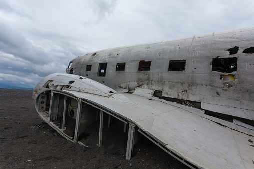 Solheimasandur plane wreck view. South Iceland landmark. Abandoned plane on beach