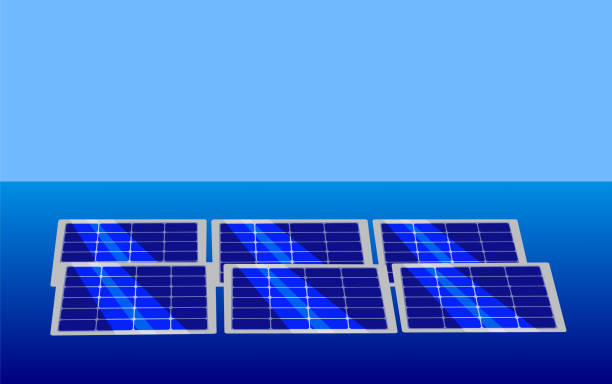 Floating solar panels Vector image of floating solar panels on a sea and sky background floating electric generator stock illustrations