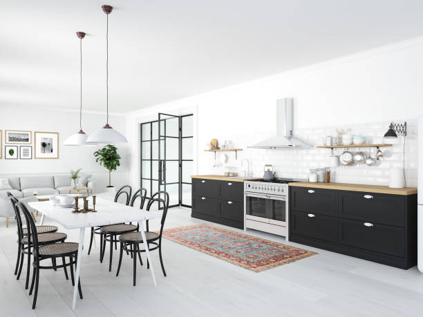 istock modern nordic kitchen in loft apartment. 3D rendering 1082360036
