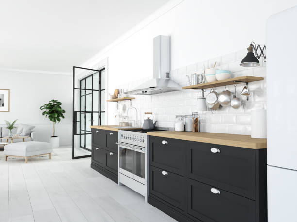 istock modern nordic kitchen in loft apartment. 3D rendering 1082360038