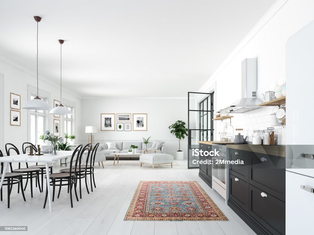 modern nordic kitchen in loft apartment. 3D rendering 3D rendering of modern kitchen in a loft. Scandinavian Culture Stock Photo
