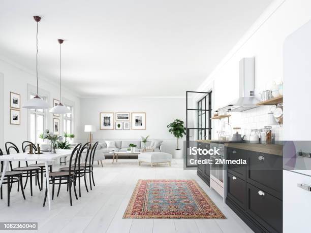 Modern Nordic Kitchen In Loft Apartment 3d Rendering Stock Photo - Download Image Now