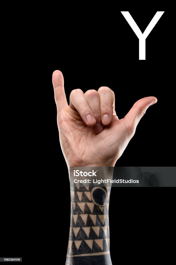 Partial View Of Tattooed Male Hand Showing Latin Letter Y Sign Language  Language Isolated On Black Stock Photo - Download Image Now - iStock