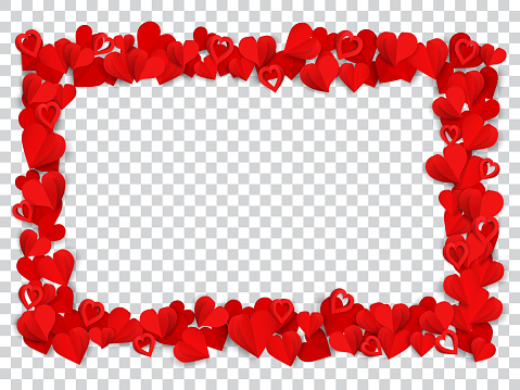 Horizontal rectangle frame consisting of many small red paper hearts on transparent background