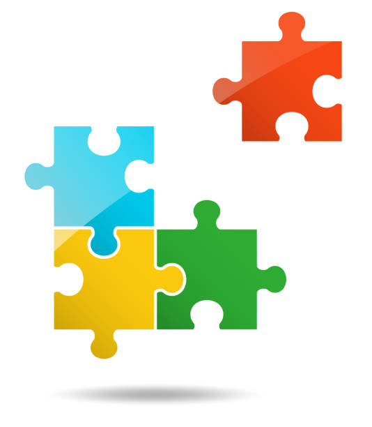 illustrations, cliparts, dessins animés et icônes de 1 + 3 pièces puzzle design - portion blue jigsaw puzzle puzzle