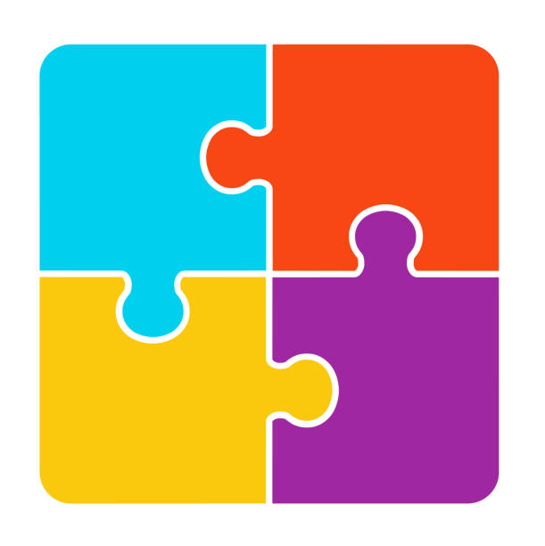 ilustraciones, imágenes clip art, dibujos animados e iconos de stock de diseño de rompecabezas de 4 piezas - puzzle jigsaw piece teamwork jigsaw puzzle