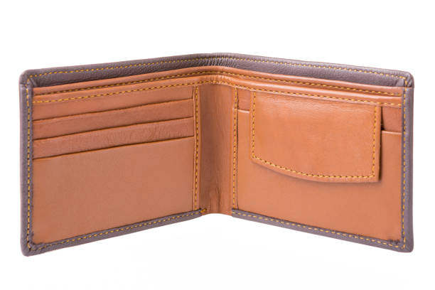 istock one male brown leather wallet, open, on a white background, isolate 1082371076