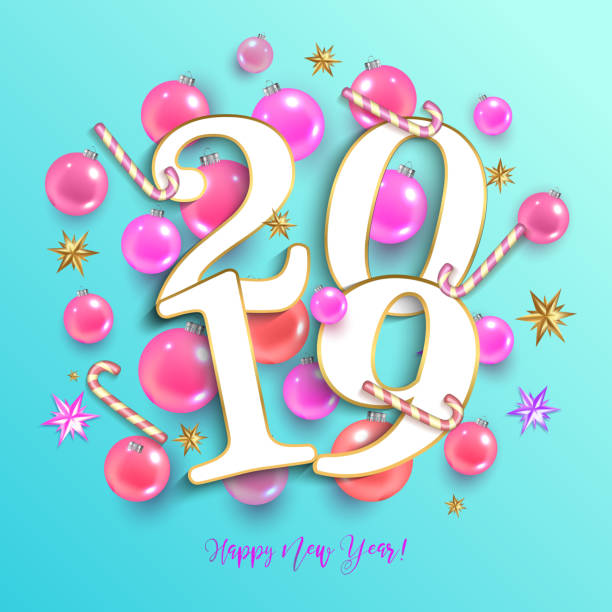 istock Happy New Year 2019 winter holiday greeting card design template with pink bubbles and stars on blue background. Vector illustration 1082372112