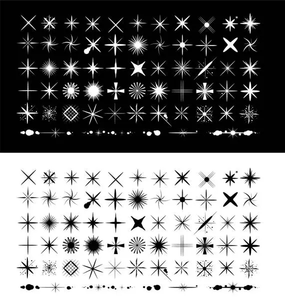 Vector illustration of Big set of premium star sparkle and glitter brush. Brush Tips. Isolated on black and white background. Vector illustration