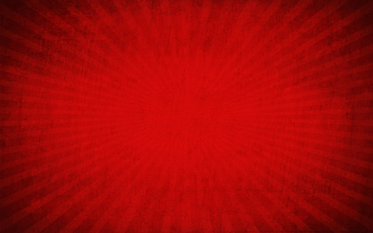 Maroon Red and black Sunburst over bright maroon, deep red colored cracked effect wall texture vector background- horizontal. Paper texture. Cracked, crumpled look. Rectangular grunge background. No text, No people. Copy space. Plain. Blotched surface. Stained look. Paint brush stroke wall effect. The sunburst originates from the center of the frame and the stripes are thin, narrow. Dark corners and sides. Bright center, centre, middle.