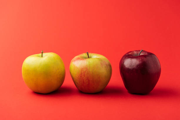 istock row of three ripe multicolored apples on red background 1082382304