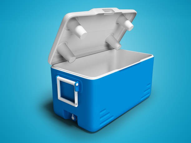 istock Blue fridge portable open for cooling for drinks isolated 3d render on blue background with shadow 1082382790