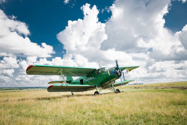old airplane on green grass stock photo