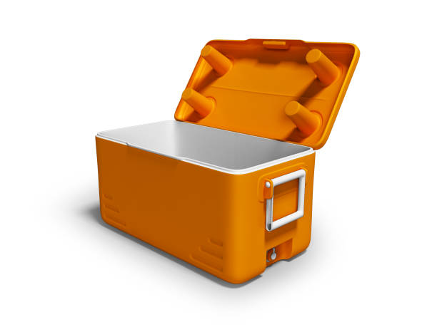 istock Orange fridge portable open for cooling for drinks isolated 3d render on white background with shadow 1082384580