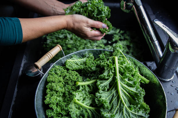 Woman is washing kale leaves with water in the kitchen sink top view on windows light Woman is washing kale leaves with water in the kitchen sink top view on windows light kale photos stock pictures, royalty-free photos & images